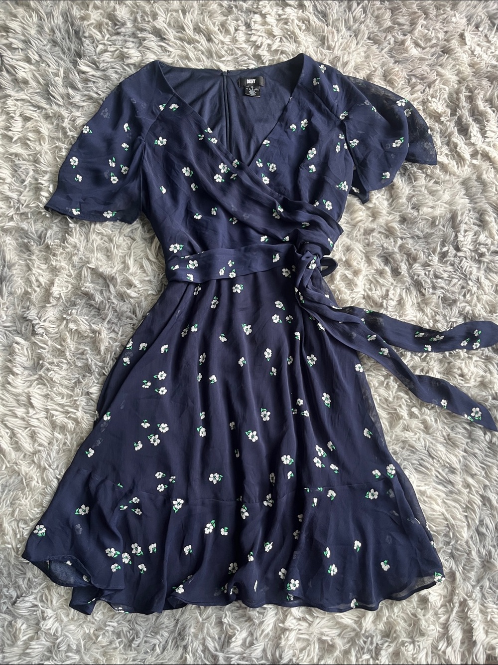 DKNY Navy Floral Wrap Midi Dress